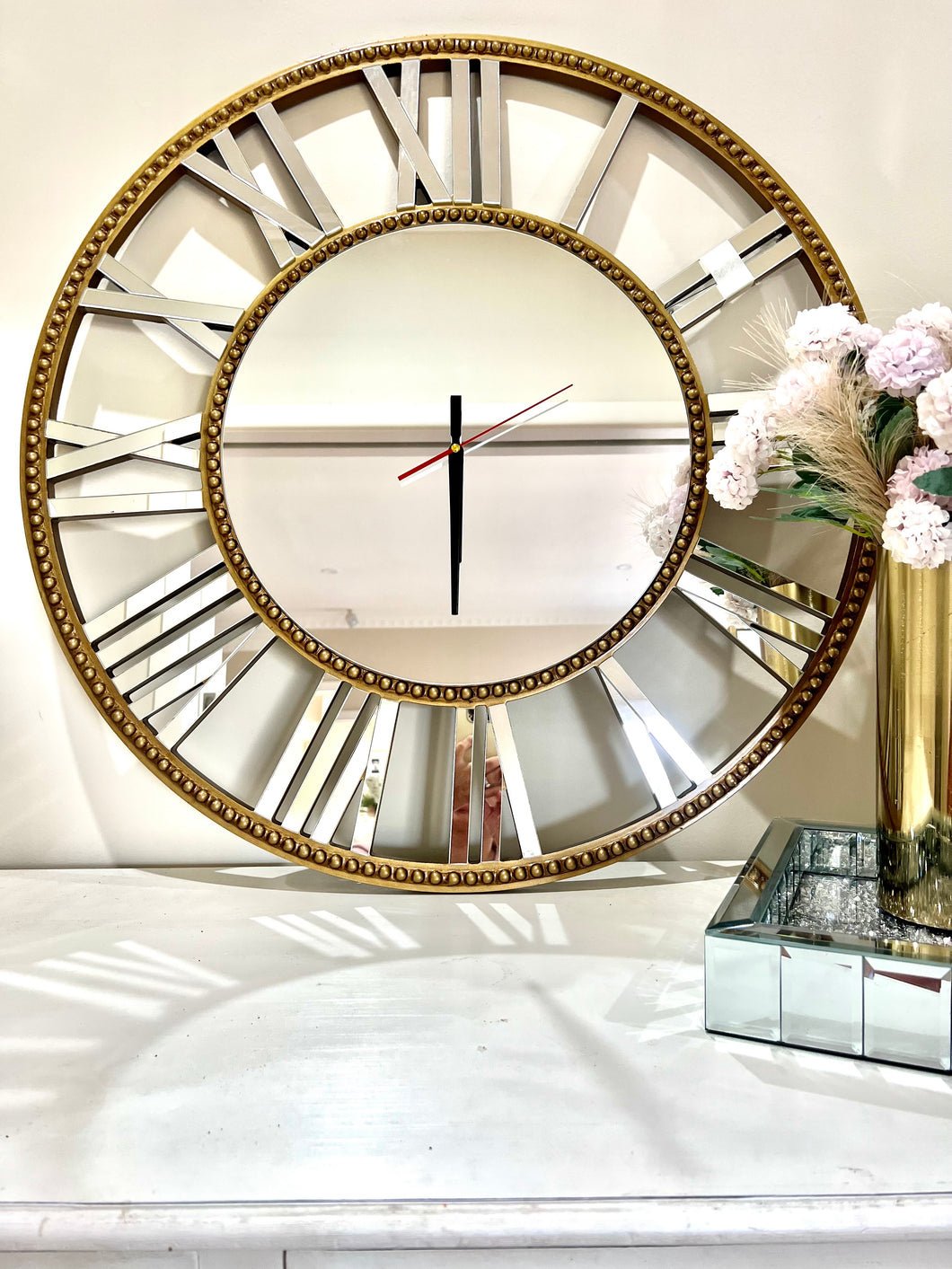 Beaded Round Gold Mirrored Wall Clock 75 cm