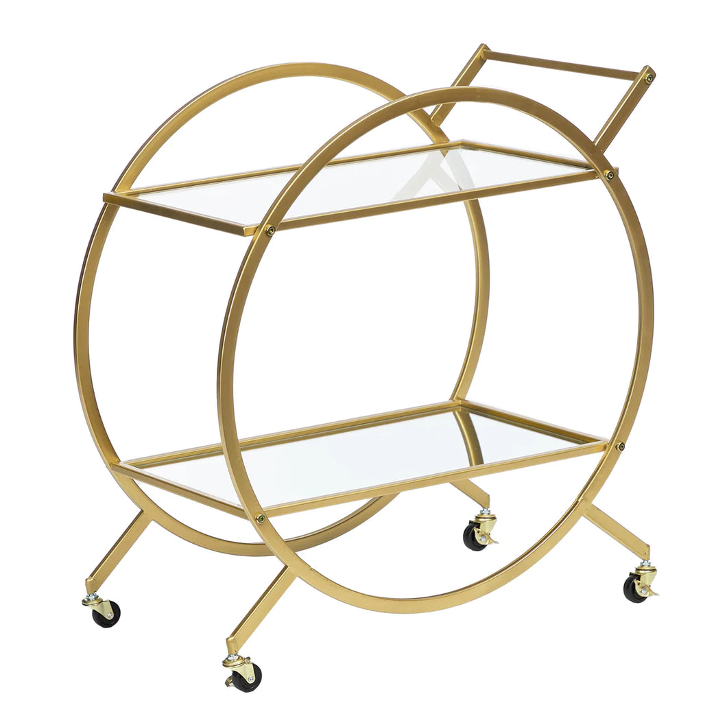 Gold Steel Bar Cart / Trolley With Glass Rack