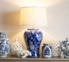 Load image into Gallery viewer, Blue White Hampton Table Lamp with white shade
