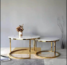 Load image into Gallery viewer, Sets of 2- White Marble Glossy Gold Leg Coffee Table