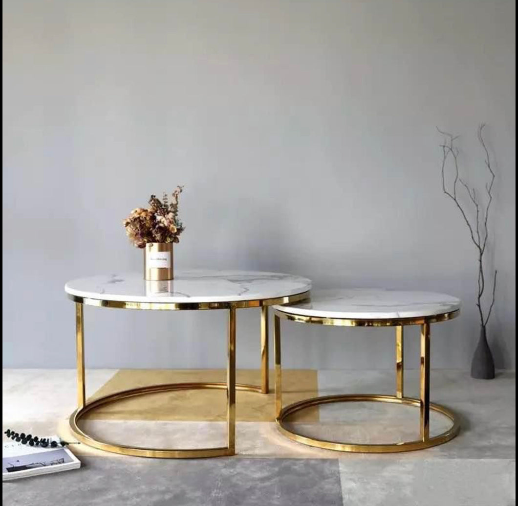 Sets of 2- White Marble Glossy Gold Leg Coffee Table