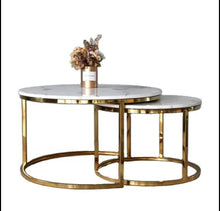 Load image into Gallery viewer, Sets of 2- White Marble Glossy Gold Leg Coffee Table
