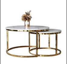 Load image into Gallery viewer, Sets of 2- White Marble Glossy Gold Leg Coffee Table