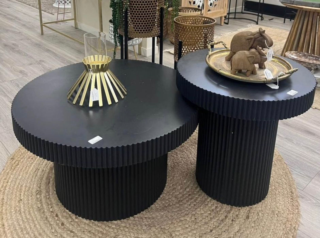 Set of 2 Black Ribbed Round Coffee Table