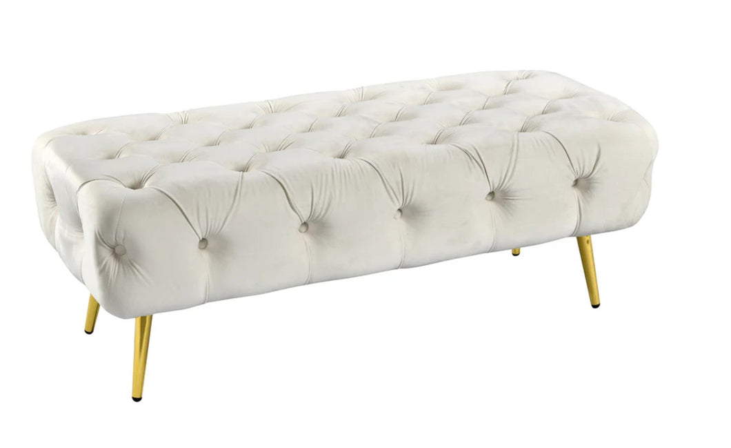 Asha Tufted Beige Ottoman/Bed End Gold Frame