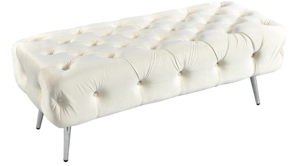 Asha Tufted Beige Ottoman/Bed End Silver Frame