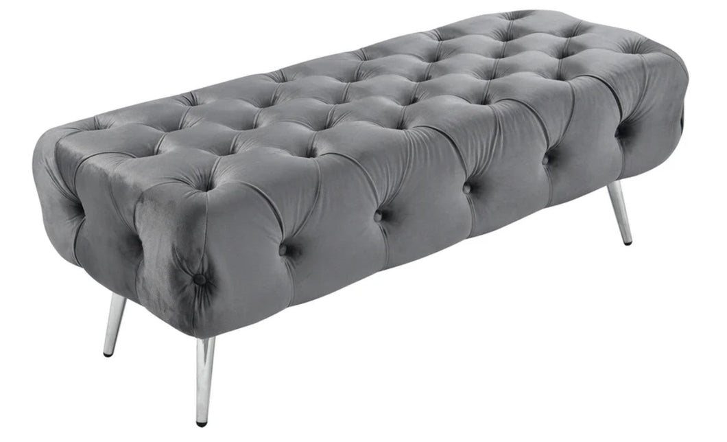 Asha Tufted Grey Ottoman/Bed End Silver Frame