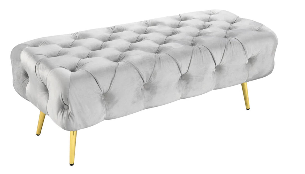 Asha Tufted Light Grey Ottoman/Bed End Gold Frame