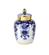 Load image into Gallery viewer, Hamptons Medium Blue and White Jar with Gold Accent 29 cm
