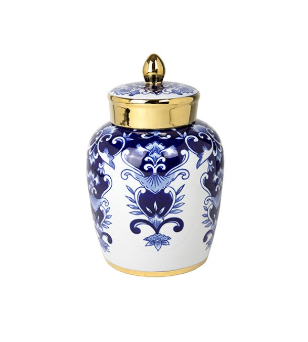 Hamptons Medium Blue and White Jar with Gold Accent 29 cm