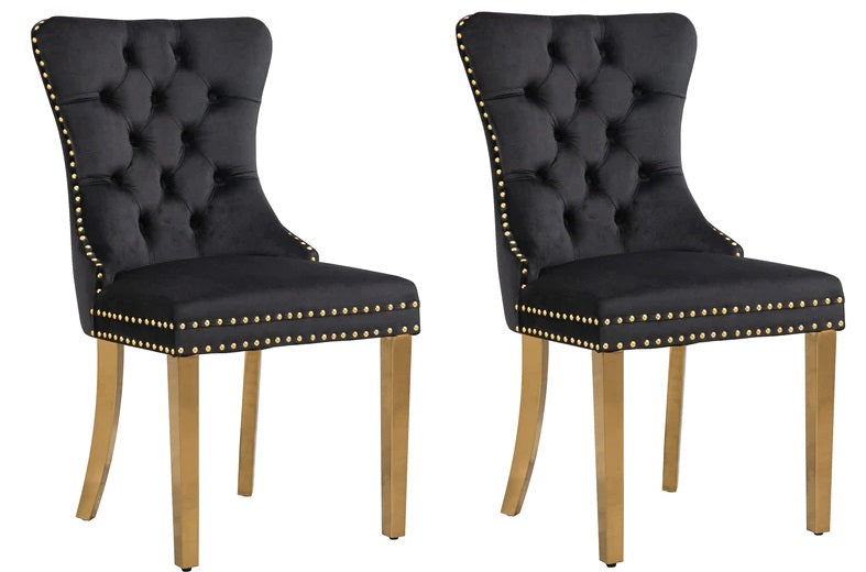 Set of 2 Celine Black French Tufted Velvet Dining Chairs with Gold Leg