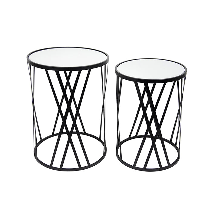 Set of 2 Mirrored Top Black Frame Side Table