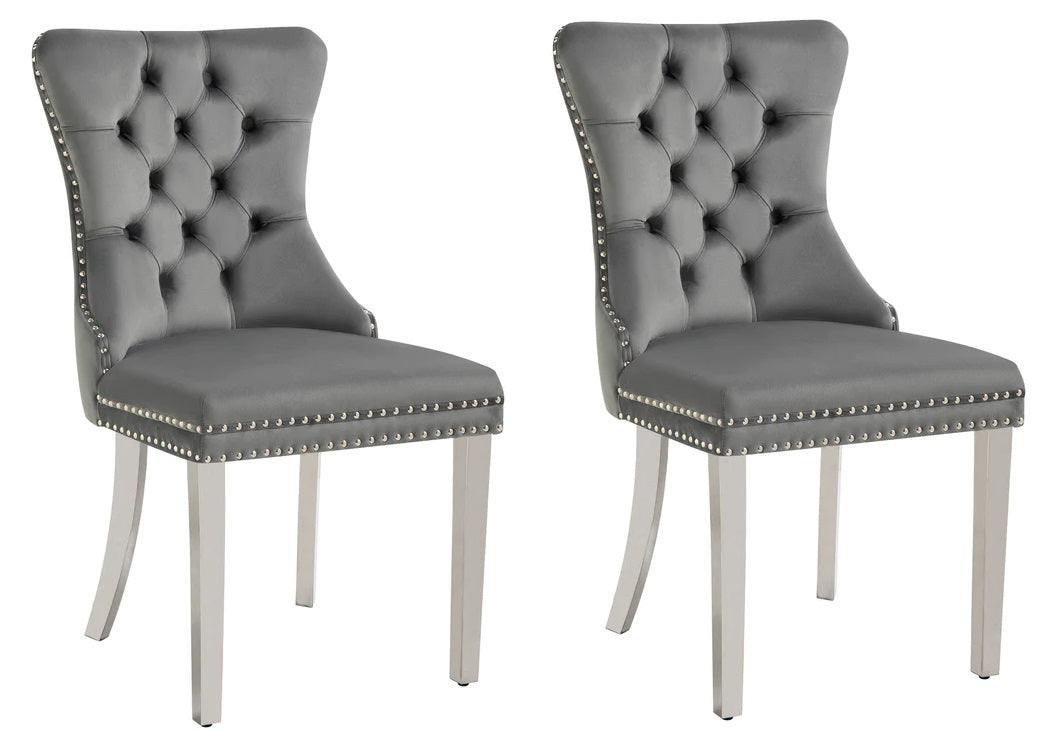 Set of 2 Celine Grey French Tufted Velvet Dining Chairs with Silver Leg