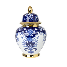 Load image into Gallery viewer, Hamptons Medium Blue and White Jar with Gold Accent 28 cm
