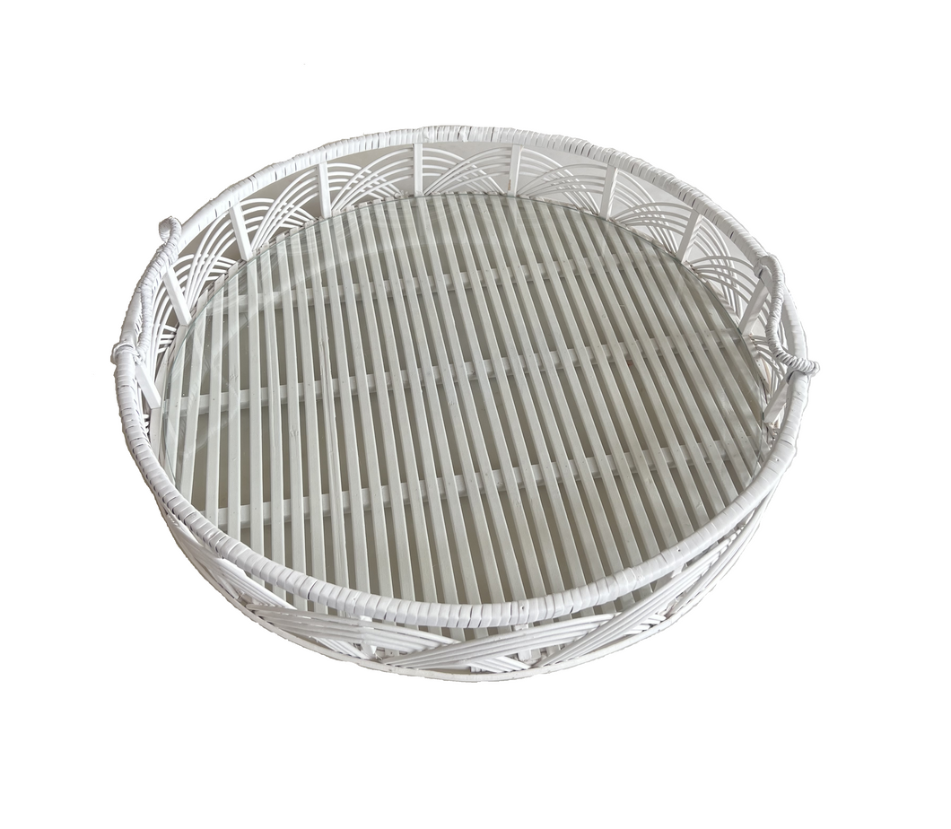 Hamptons Bamboo Trays With Glass White - Round - Decorative