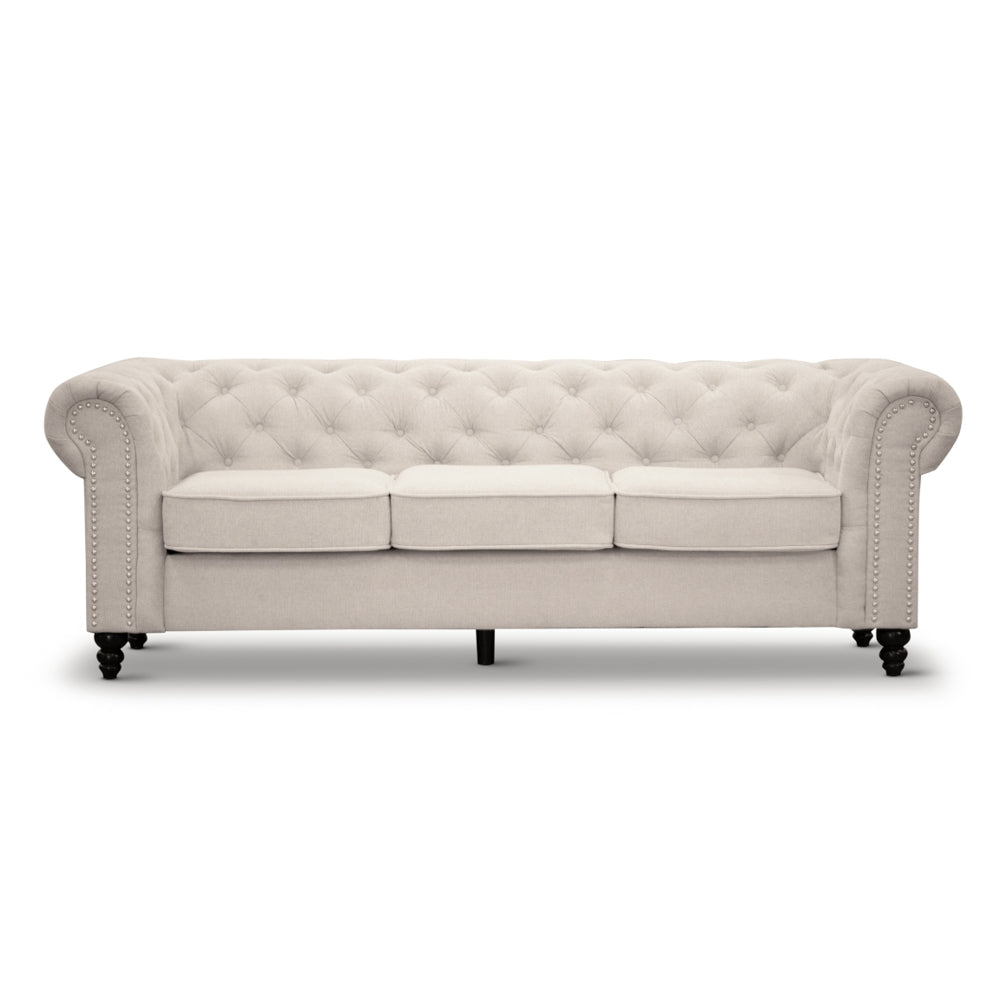 Chesterfield / Hamptons Beige Tufted Button 228CM - 3 Seater Lounge Sofa/Couch