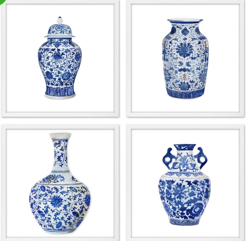 Hampton Blue White Jar Framed Wall Art/Canvas set of 4