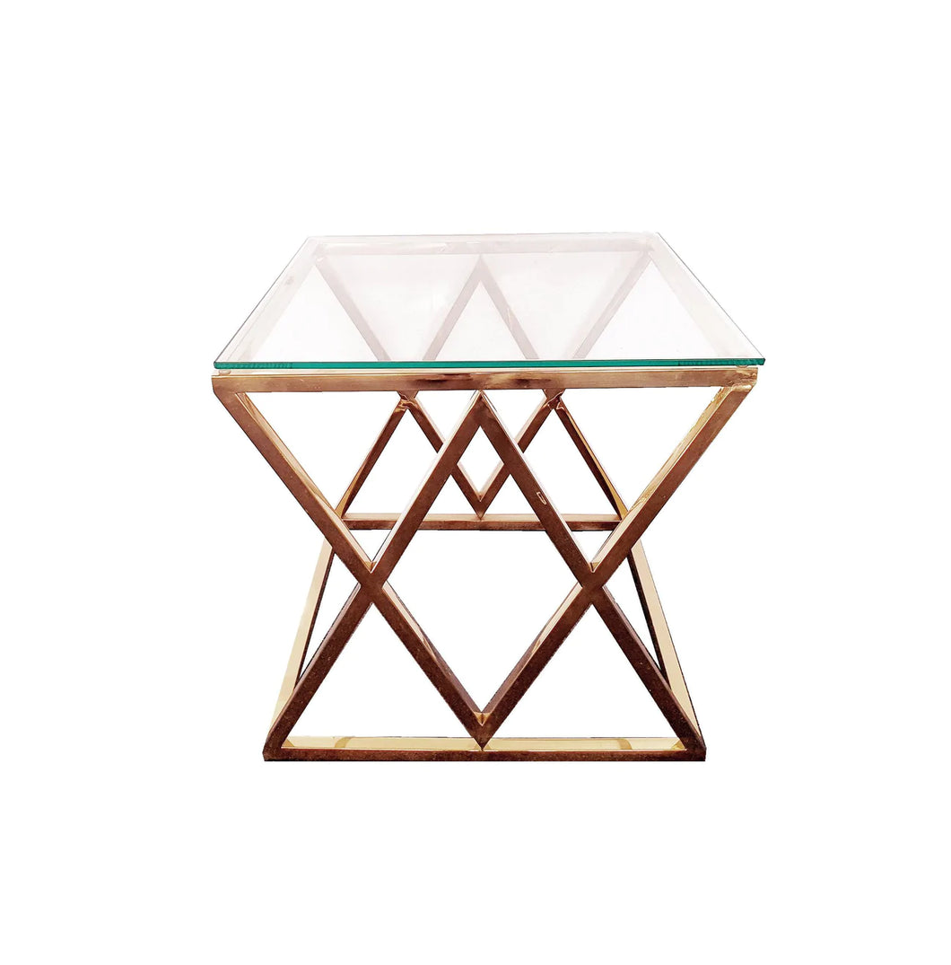 Diamond Rose Gold/Copper Side Table with Glass Top