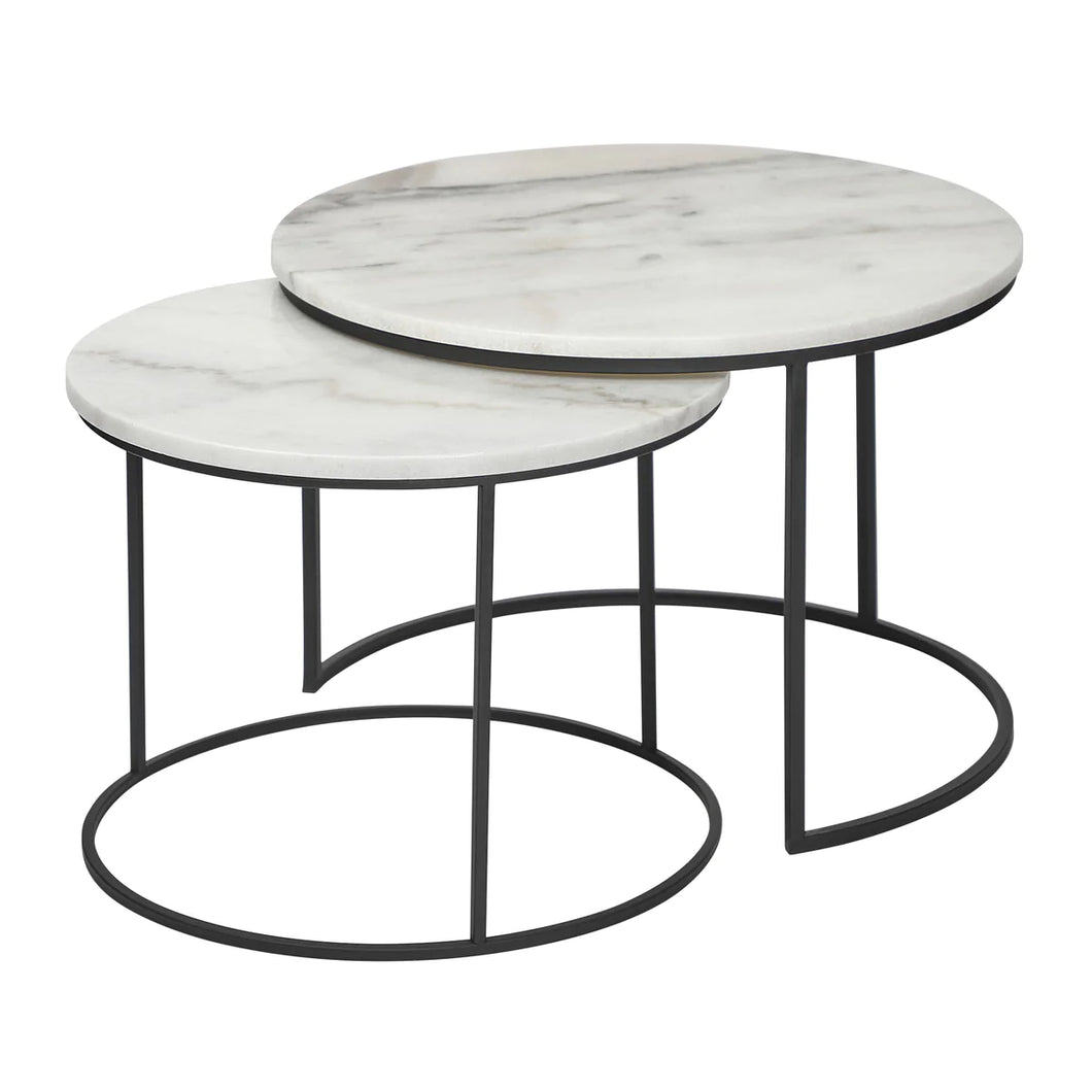 Set of 2 Real White Marble with Black Frame Coffee Table