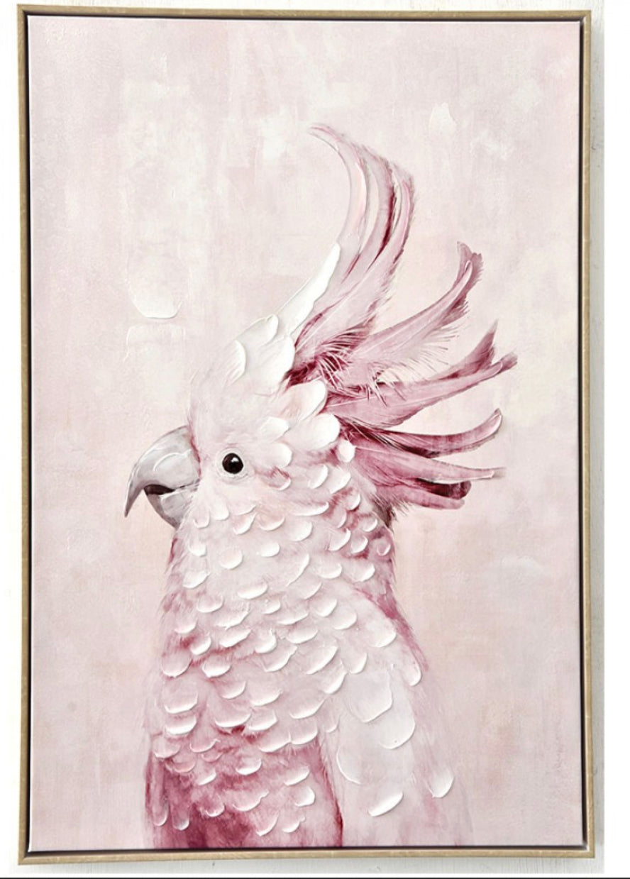 Hand Painted Pink Parrot Wall Art with Wooden Frame