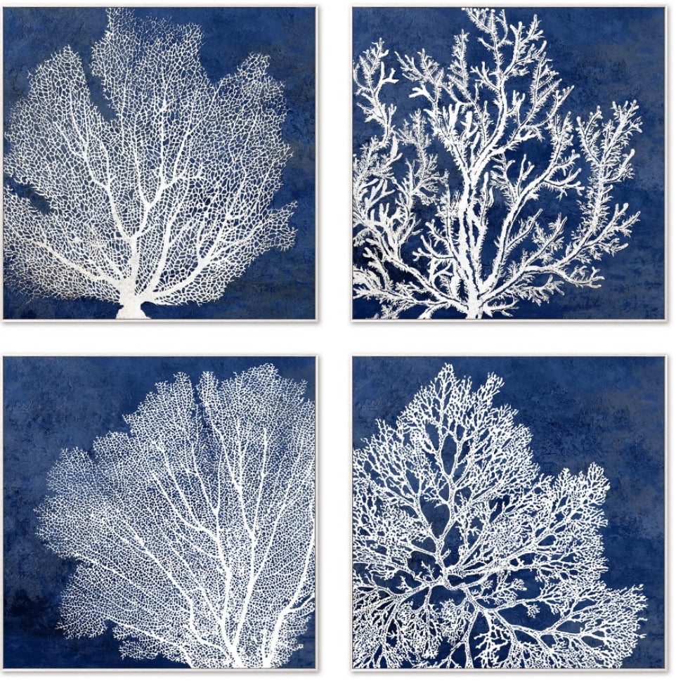 Navy Blue Hamptons Coral Wall Art/Canvas set of 4