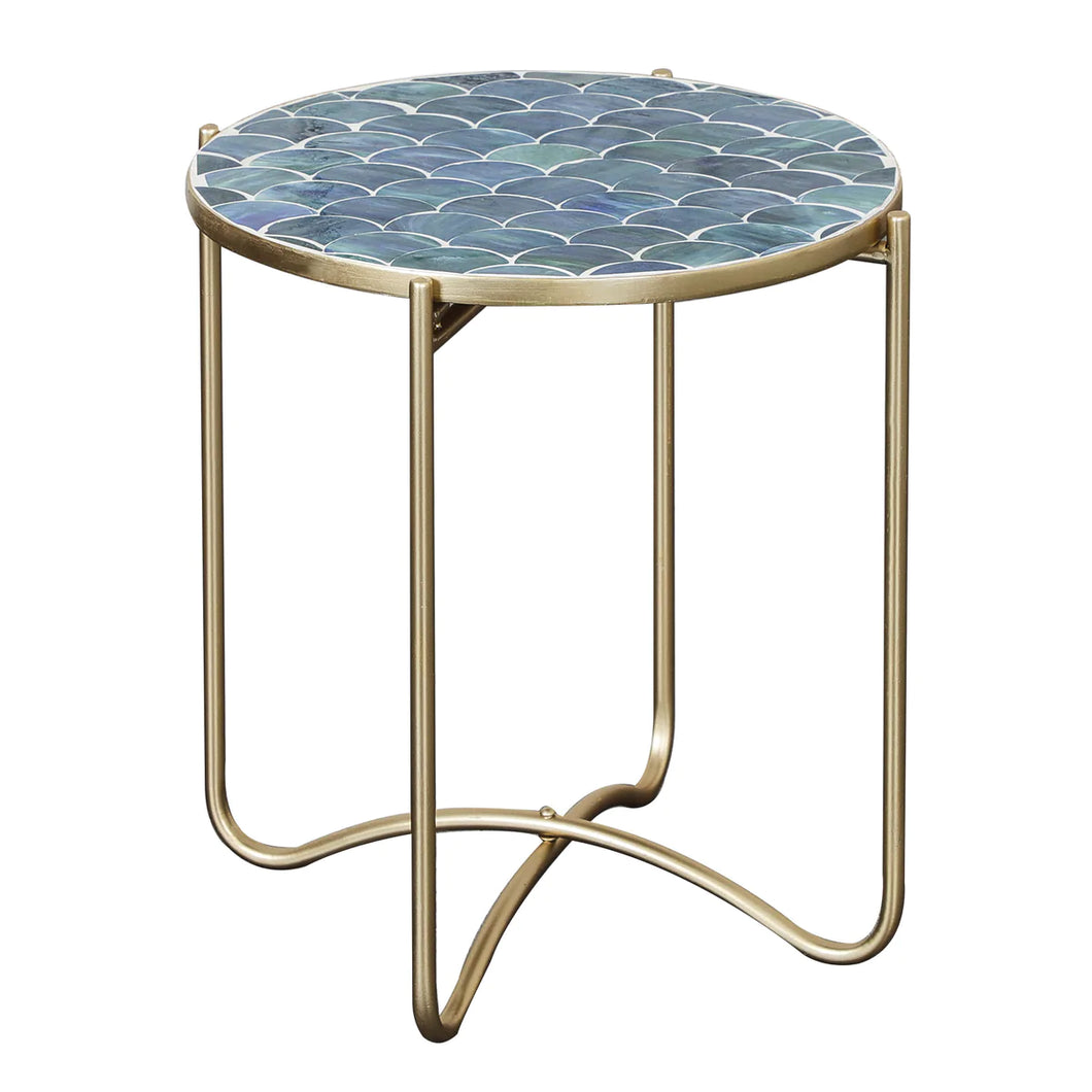 43cm Round Glass Abstract Blue Side Table