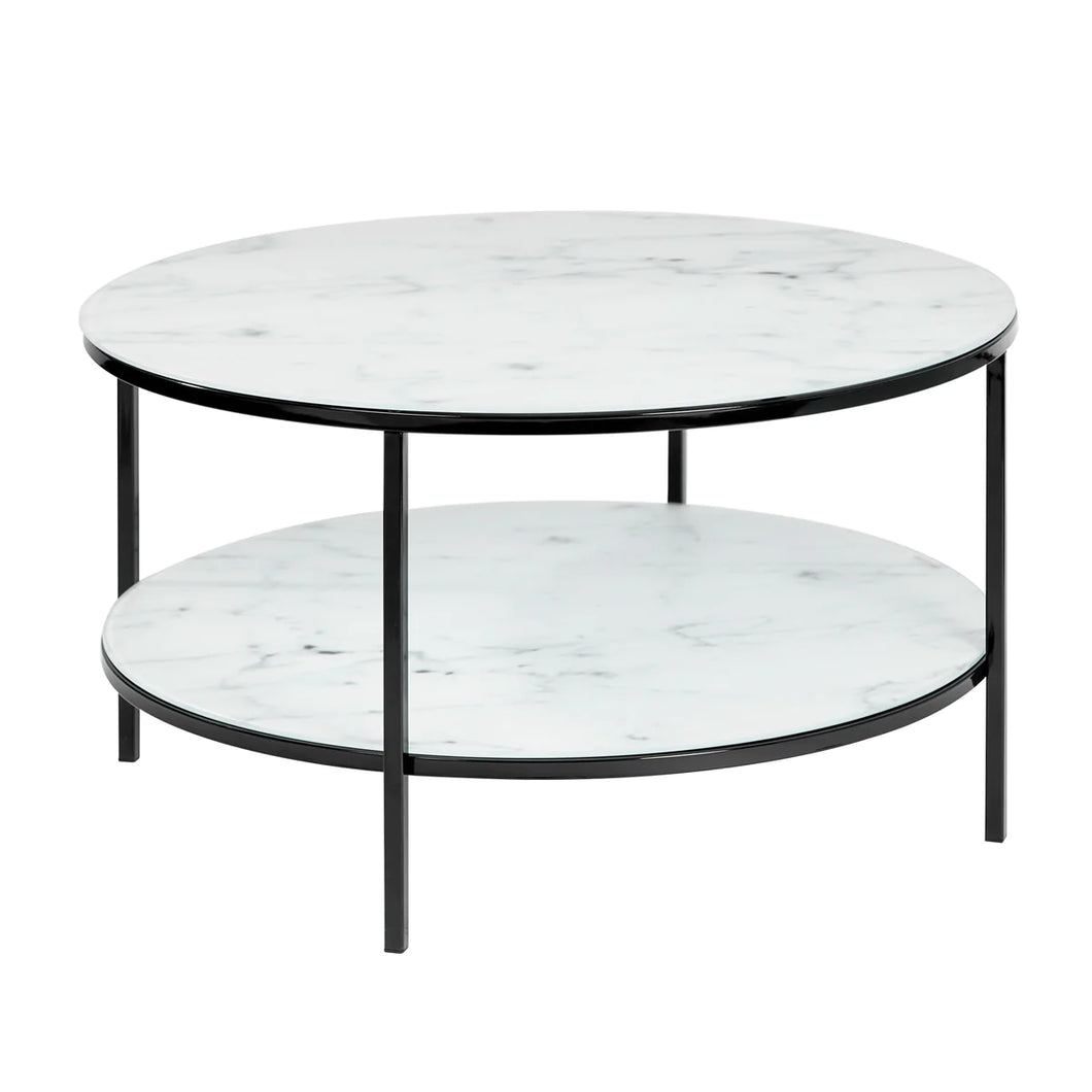 Glass Marble 2 Tier Coffee Table Glossy Black Leg 80 cm