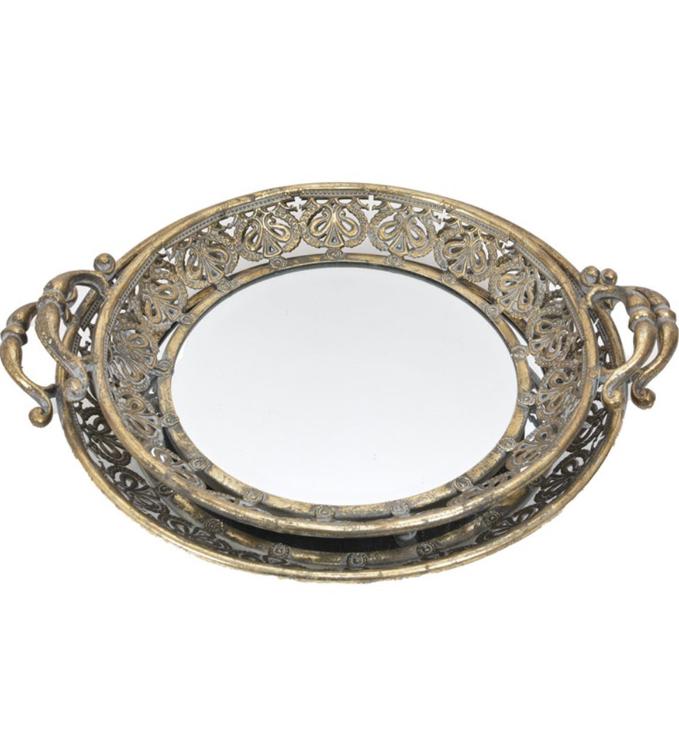 Set of 2 Gold Metal Round Mirrored Tray - Decorative