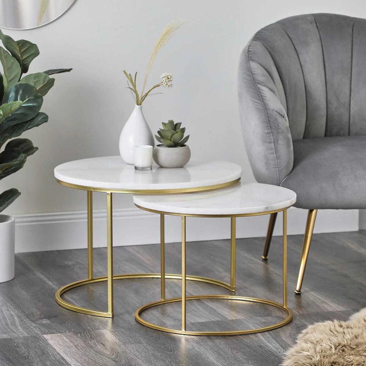 Set of 2 Real White Marble with Gold Frame Coffee Table – Silsan Decor