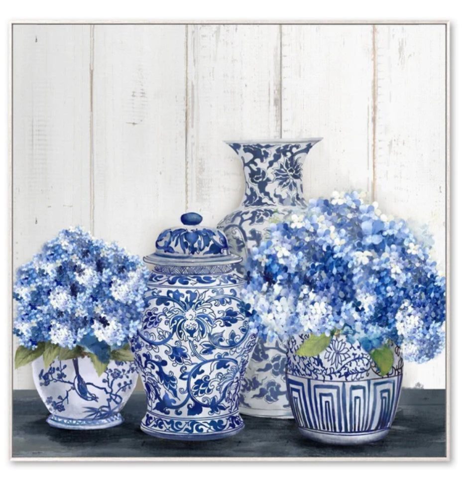 Hampton Blue Hydrangea Framed Canvas on Jar 83 cm