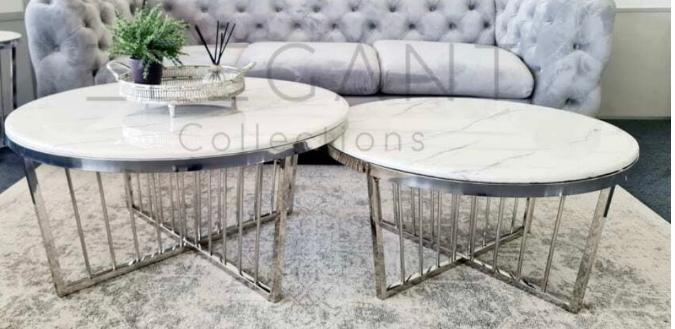 T of 2- Stripe Nested White Marble Coffee Table with Silver Leg