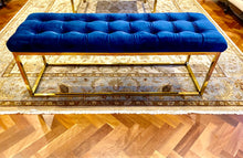 Load image into Gallery viewer, Luxury Blue Velvet Ottoman with Gold Leg
